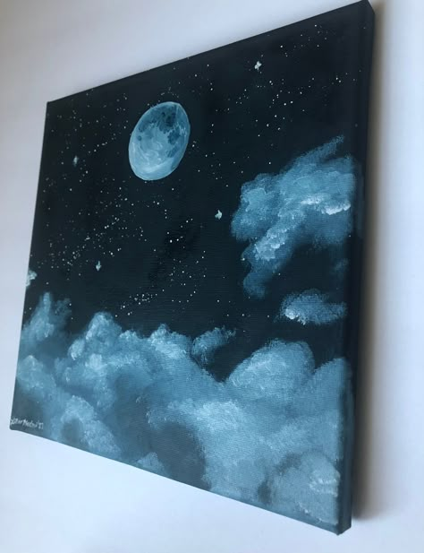 Painting of a moonlit night with clouds. Oil on stretched 10x10 canvas. Midnight Canvas Painting, Calm Canvas Painting, Moon At Night Painting, Acrylic Painting Night Sky Moonlight, Canvas Painting Ideas Clouds, Dark Night Sky Painting, Night Sky Canvas Painting Easy, Thing To Paint On Your Wall, Moonlight Painting Night Skies