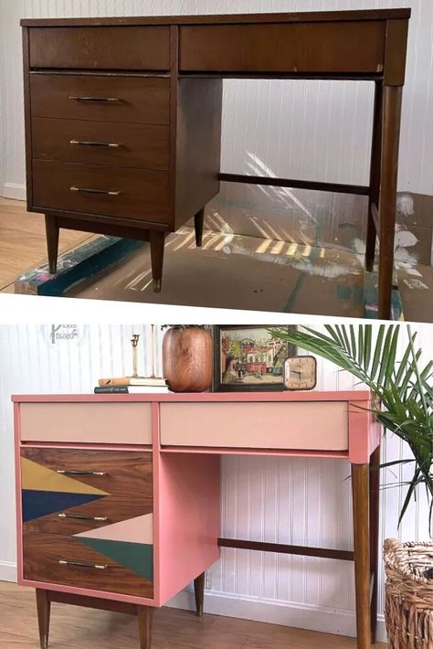 Check out the before and after incredible upcycle of this vintage desk. Painted furniture is a great way to decorate your bedroom on a budget. We love this furniture flip idea. Vintage Metal Desk Makeover, Before And After Furniture Flip, Upcycled Desk Ideas, Desk Flip Diy, Mcm Desk Makeover, Desk Refurbish Ideas, Diy Desk Painting Ideas, Small Desk Makeover, Refurbished Desk Ideas