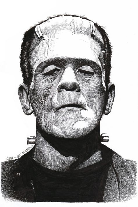 Black And White Frankenstein, Frankenstein Tattoo Stencil, Frankenstein Reference, Frankinstine Drawings, Frankenstein Tattoo Traditional, Frankenstein Tattoo Design, Frankenstein Art Illustrations, Frankenstein Black And White, Frankenstein Sketch