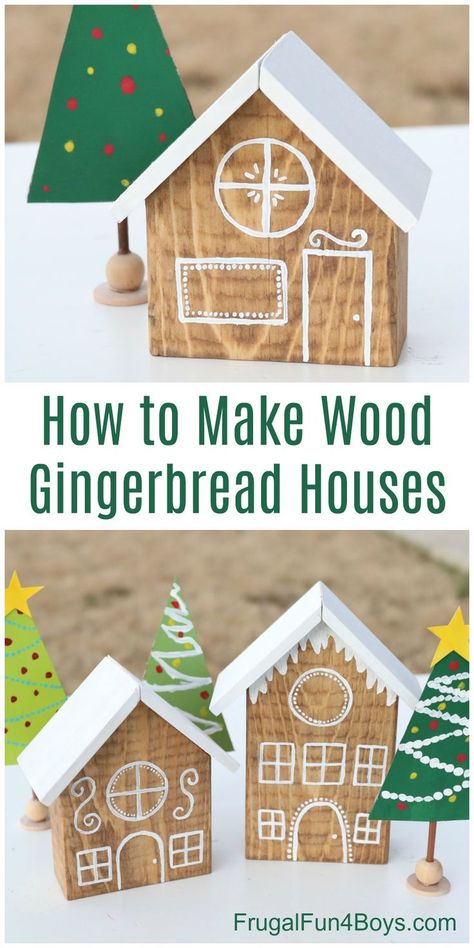 How to Make Adorable Wooden Gingerbread Houses - Frugal Fun For Boys and Girls Wooden Christmas Village Houses, Wooden Christmas Village, Cardboard Christmas Tree, Village Ideas, Gingerbread Christmas Decor, Gingerbread House Decorations, Christmas Village Houses, Wooden Houses, Woodworking Supplies