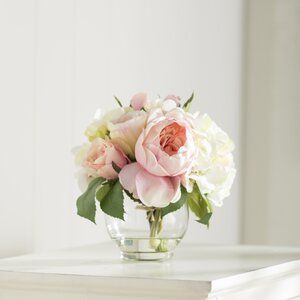 Vase Flower Arrangements, Rose Floral Arrangements, Small Flower Arrangements, Simple Wedding Flowers, Silk Florals, Stone Vase, Hydrangea Bouquet, Rose Centerpieces, Table Arrangement