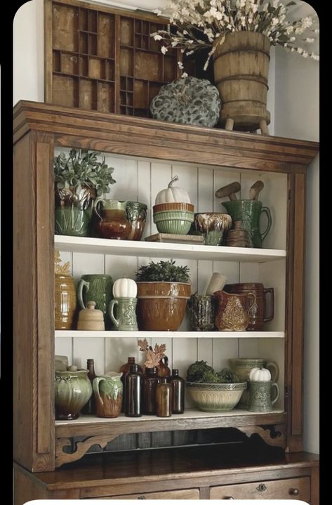 Authentic Farmhouse Decor, Displaying Glassware Ideas, Vintage Display Cabinet Ideas, Decorating China Cabinet Display, Fall Hutch Decor Ideas, China Cabinet Wall, Hutch In Living Room, Farmhouse Hutch Decor, Hutch Decorating Ideas