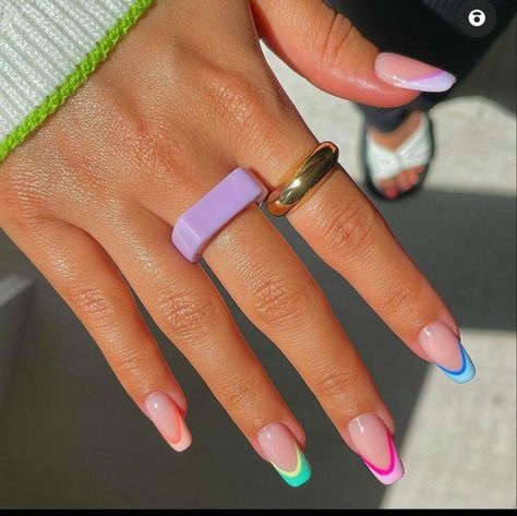 Coffin Multi Color French Tip, Gel Nails Ballerina Short, Multiple Color French Tip Nails, Dual French Nails, Nail Ideas Different Colors On Each Hand, Summer French Tips Square, Colorful French Tip Nails Square, France Nails, Europe Nails