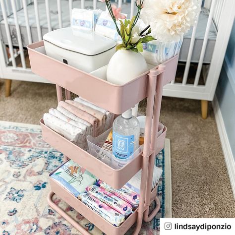 Blush 3-Tier Rolling Cart | The Container Store Nursery Cart Organizer, Caddy Organization Ideas, Diaper Caddy Cart, Diaper Cart Organization, Diaper Caddy Organization, Diaper Cart, Cart Organization, Baby Room Closet, Small Baby Room