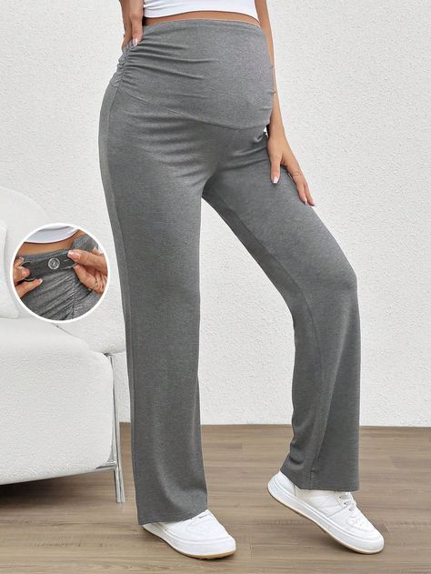 Maternity Supportive Adjustable Waistband Pants Dark Grey Casual   Knitted Fabric Plain Flare Leg Slight Stretch  Maternity Clothing, size features are:Bust: ,Length: ,Sleeve Length: Pregnant Clothes, Prego Outfits, Maternity Brands, Clothes For Pregnant Women, Pregnancy Shoes, Cute Maternity Outfits, Stylish Maternity Outfits, Stylish Maternity, Maternity Leggings