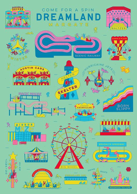 London-based Studio Moross has created maps, icons, posters and an entire set of food truck logos for Margate's recently reopened Dreamland theme park. Margate Dreamland, Dreamland Margate, Theme Park Design, Theme Park Map, Pink Dorm, Park Design, Parking Design, White Hot, Map Design