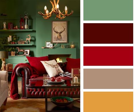 Red Green Living Room Decor, Green And Red Decor Living Rooms, Styling A Red Couch, Green And Red Room Ideas, Red And Mustard Living Room, Burgundy Furniture Living Room Decor, Red And Green Lounge, Red Couch Color Scheme, Red Couch In Living Room