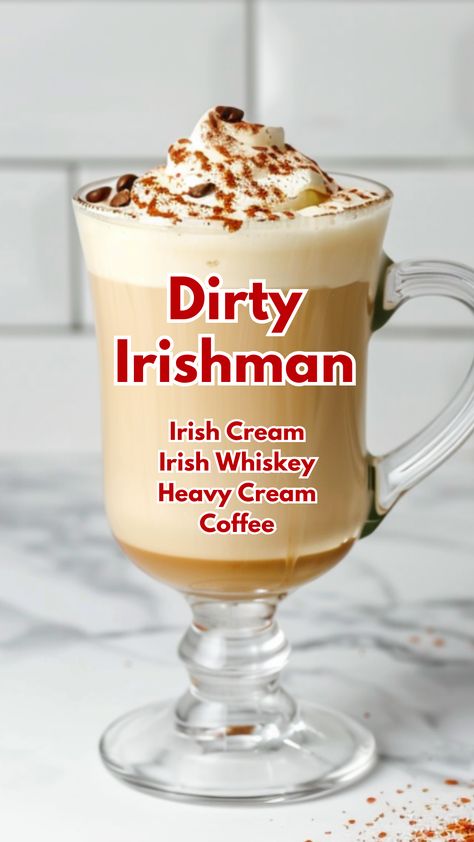 Dirty Irishman Cocktail Irish Liquor Drinks, Spring Drinks Alcohol, Irish Whiskey Cocktails, Jameson Whiskey Drinks, Irish Cream Drinks, Cream Cocktails, Irish Cocktails, Cocktail Cards, Whiskey Cream