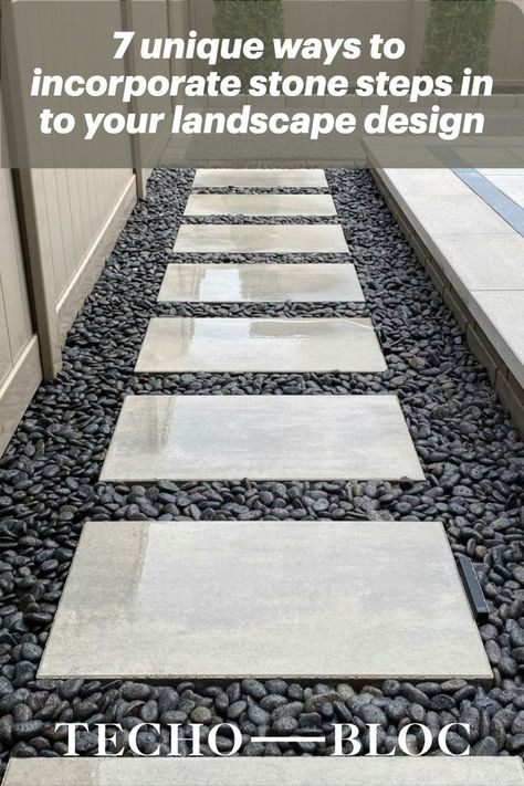 Check out these 7 ways to incorporate stone steps in your next landscaping project: Stone Walkways To Front Door Entrance, Stepping Stones To Front Door, Steps From House To Patio, Walk Ways To Front Door Landscaping, Modern Walkways To Front Door, Walk Ways To Front Door Pathways, Deck Entrance Ideas, Stone Entrance Steps, Landscaping Stone Steps