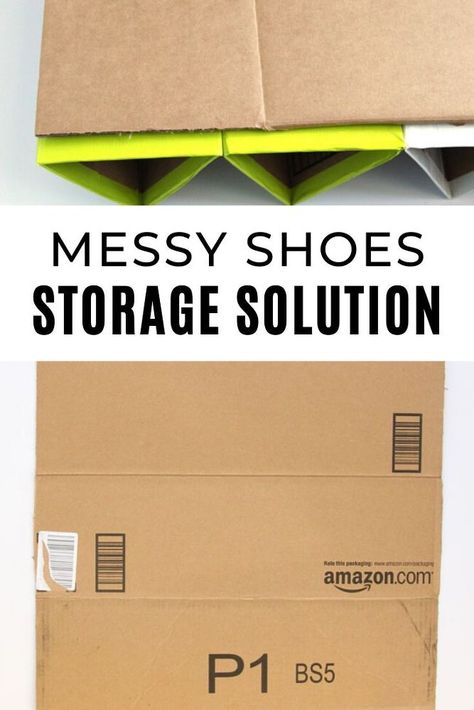 Are shoes taking over your floor? Check out this cheap, easy and quick shoe storage solution that is clever and eco- friendly by reusing cardboard boxes. Perfect for entryway closets. #diy #shoestorage #cardboard Home Made Shoe Rack Ideas, Shoe Rack Ideas Diy Homemade, Diy Shoe Box Ideas, Diy Shoe Storage Ideas, Shoe Boxes Storage, Entryway Closets, Shoe Storage Ideas For Small Spaces, Shoe Box Diy, Storage Ideas For Small Spaces