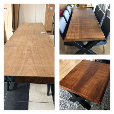 I have started with a 300cm long (118,11 inch) slab of Iroko wood as shown on the left. I cut it in 2 parts to make a dining table and from the remainder a coffee table. I sanded it all down to p320 and I have finished it with danish oil in 4 coats. I used threaded inserts and bolts to attach the steel legs to both of the tables. To finish it off I added black bolt caps to blend the bolts. I am very happy with the result. It is my first time working with Iroko wood and wood with a live edge. It Iroko Wood, Black Bolt, Danish Oil, Cut It, Live Edge, Steel Legs, A Coffee, First Time, Diy Projects