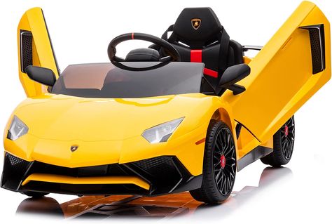 Kidzone Kids Electric Ride On 12V Licensed Lamborghini Aventador Battery Powered Sports Car Toy with 2 Speeds, Parent Control, Sound System, LED Headlights & Hydraulic Doors - Yellow Car Toy, Brake Pedal, Flat Tire, Ride On Toys, Kids Ride On, Love Car, Lamborghini Aventador, Ride On, Go Kart