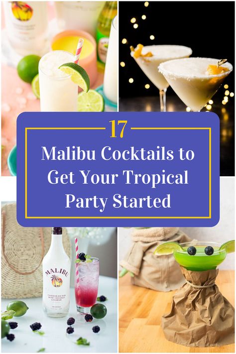 Collage of 4 malibu cocktails. Malibu Cocktail, Pool Party Cocktails, Malibu Cocktails, Refreshing Recipes, Coconut Liqueur, Malibu Sunset, Tropical Drinks, Batch Cocktails, Caribbean Rum