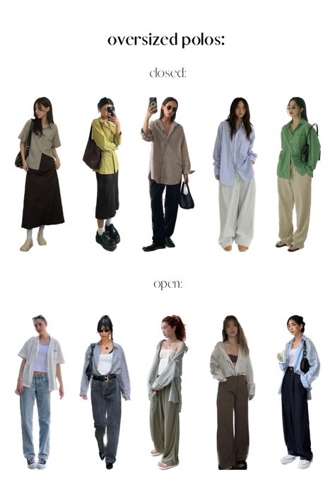 One Piece Multiple Outfits, Outfits With Shirts Aesthetic, How To Style A Polo Shirt Women Outfit Ideas, Button Down Long Sleeves Outfit, Oversized Button Outfit Women, Oversize Outfit Ideas For Women, How To Style Oversized Polo, Large Button Down Shirt Outfit Women, Dress And Button Up Shirt Outfit