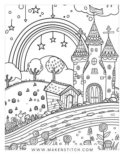 Castle and Rainbow Coloring Page for Kids Wizard Of Oz Coloring Pages Free Printable, Wizard Of Oz Coloring Pages, Reading Rainbow, Colors Of The Rainbow, Coloring Pages For Adults, On A Rainy Day, A Rainy Day, Wizard Of Oz, Rainy Days