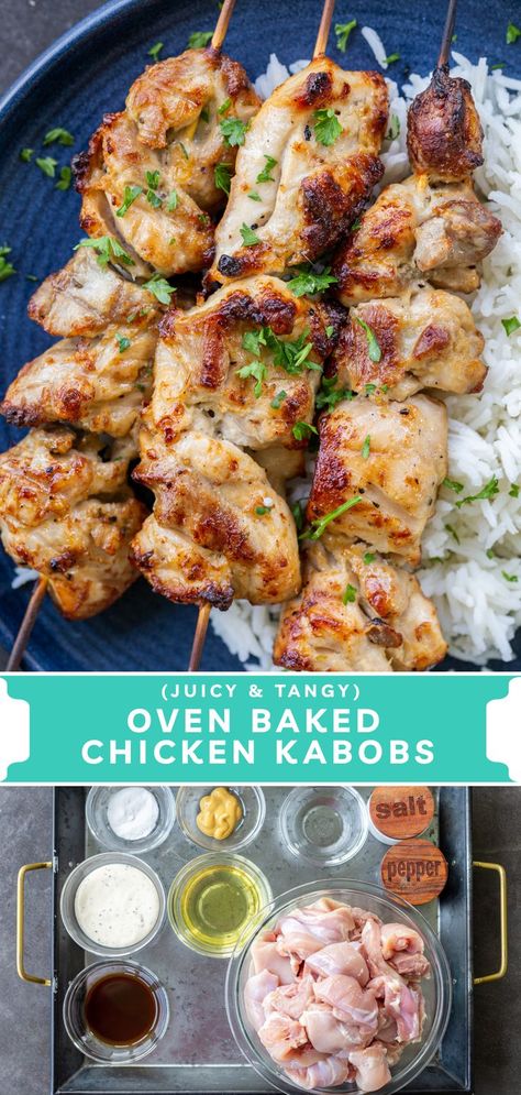 Easy Marinated Chicken Kabobs, Rosemary Chicken Kabobs, Marinated Oven Baked Chicken, Juicy Chicken Kabobs, Kabobs In The Oven Chicken, Healthy Chicken Kebab Recipes, Baked Chicken Kebab Recipe, Baking Marinated Chicken In Oven, Chicken Slouvaki Oven