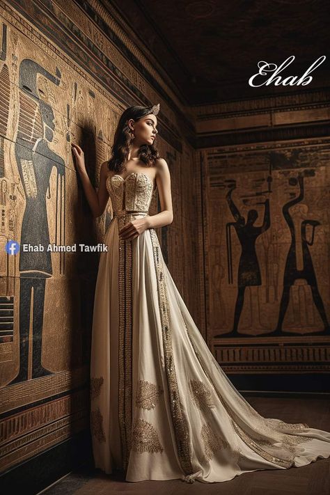 Egyptian Ball Gown, Ancient Egyptian Wedding Dress, Egyptian Traditional Dress, Egypt Dress Fashion, Egypt Wedding Dress, Egyptian Dress Ancient, Egyptian Dress Goddesses, Ethereal Dress Goddesses, Egyptian Wedding Dress