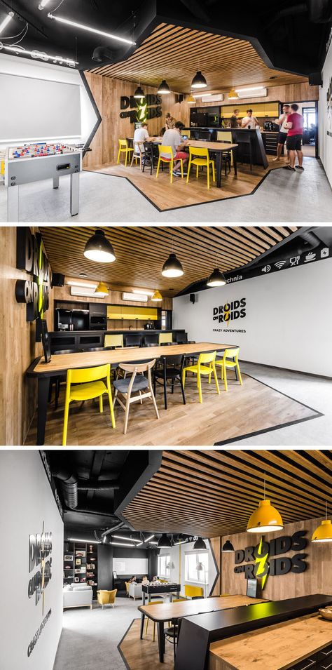 In the employee break room of this modern office, the area is split up into two sections, the first being the kitchen and dining area. Diagonal lines that outline the wood have been used to clearly define the area, while the wood slats and wood wall create a contrast to the black and yellow kitchen. Industrial Office Design, Bar Exterior, Lamps Bedroom, Kitchen Black, Tiles Bathroom, Wall Bathroom, Yellow Kitchen, Nordic Interior, Trendy Bedroom