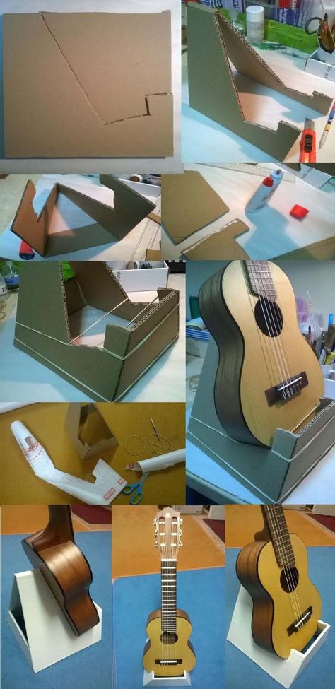 Ukelele Decoration Ideas, Cardboard Guitar Stand, Diy Ukulele Stand, Guitar Holder Diy, Ukulele Decoration, Akordy Na Ukulele, Diy Guitar Stand, Ukulele Holder, Ukulele Diy