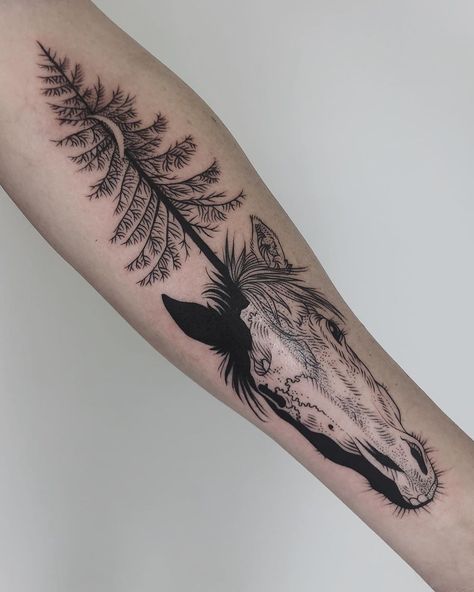 Pony Reinhardt Tattoo on Instagram: “Bisected horse skull, evergreen tree with moon. Thanks Steven! Done @tenderfootstudio” Witchy Western Tattoo, Horse And Tree Tattoo, Horse Skull Tattoo Design, Dark Western Tattoo, Skeleton Horse Tattoo, Horse Skeleton Tattoo, Spirit Tattoo Horse, Horse Memorial Tattoo, Horse Skull Tattoo