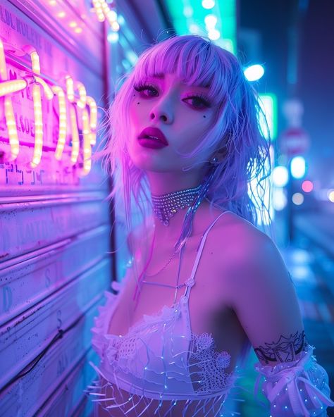 Neon Punk Fashion, Cyberpunk Photoshoot, Neon Goth, Romantic Killer, Neon Photoshoot, Neon Cyberpunk, Neon Photography, Neon Nights, Cyberpunk Aesthetic