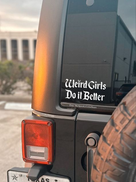 Weird Girls do it Better Vinyl Decal, Jeep accessories, Jeep decals, goth decals, spooky decals, alt -  #accessories #alt #Decal #Decals #girls #Goth #Jeep #Spooky #Vinyl #Weird Gothic Car Decor, Goth Car Interior, Goth Decals, Accessories Alt, Decal Application Instructions, Jeep Decals, Car Deco, Cool Car Accessories, Mom Car