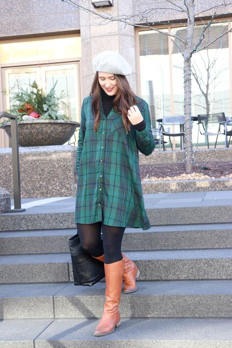 The Very Best Plaid Shirt Dress | Winter Fashion | Pointed North Styling A Shirt Dress Winter, Green Plaid Button Up Shirt Outfit, Plaid Dress Outfit Winter, Womens Plaid Shirt Outfit, Shirt Dress Winter, Shirt Dress Outfit Winter, Plaid Shirt Dress Outfit, Oversized Plaid Shirt Dress, Plaid Wool Shirt Dress