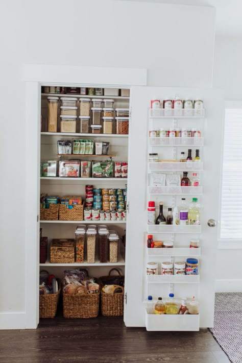 Organized Small Pantry Closet, Single Door Pantry Organization, Closet Turned Pantry Storage, Small Apartment Pantry Organization, Small Pantry Shelves, Small Pantry Organisation, Small Closet Pantry, Small Closet Pantry Ideas, Small Pantry Design