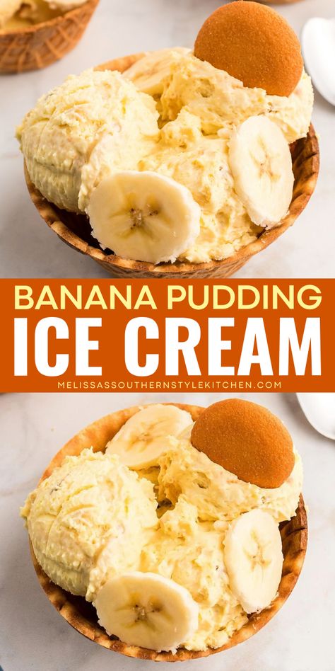 This banana pudding ice cream recipe is the homemade summer frozen treat that you'll crave! A no-churn homemade ice cream recipe that will give you a creamy delicious and smooth treat. Don't miss this summer dessert idea! Pudding Ice Cream Recipe, Banana Pudding Ice Cream, Easy Banana Pudding Recipe, Kitchen Website, Melissas Southern Style Kitchen, Instant Banana Pudding, Banana Ice Cream Recipe, Banana Pudding Desserts, Southern Banana Pudding