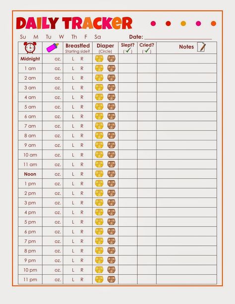 Printable Daily Tracker Page for infant or baby: Record feedings, diaper changes, Sleep Time, etc. Diaper Chart, Baby Chart, Daily Tracker, Baby Tracker, Baby Feeding Chart, Baby Bullet, Newborn Schedule, Baby Feeding Schedule, Baby Schedule