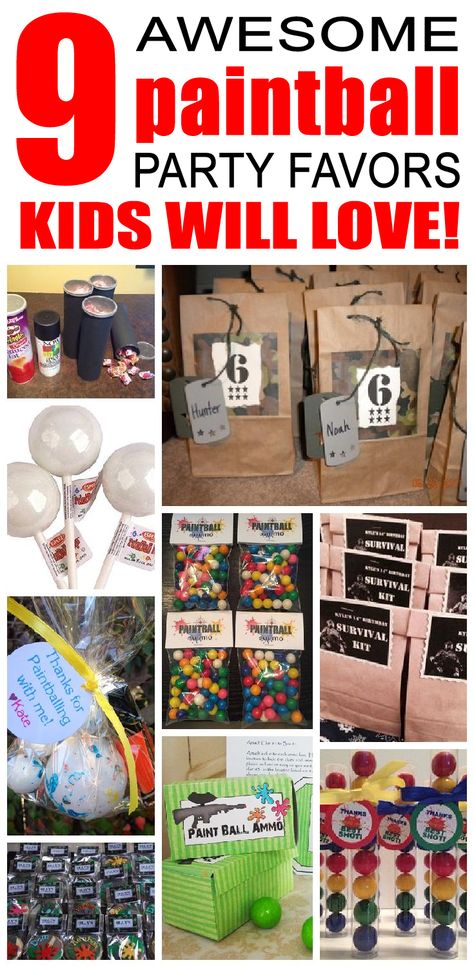 9 paintball party favor ideas for kids. Fun and easy paintball birthday party favor ideas for children. Diy Paintball Party, Paint Ball Birthday Party Ideas, Paint Ball Party Ideas, Paintball Party Ideas, Paintball Party Favors, Paintball Cake, Paintball Birthday Party, Paintball Birthday, Paintball Party