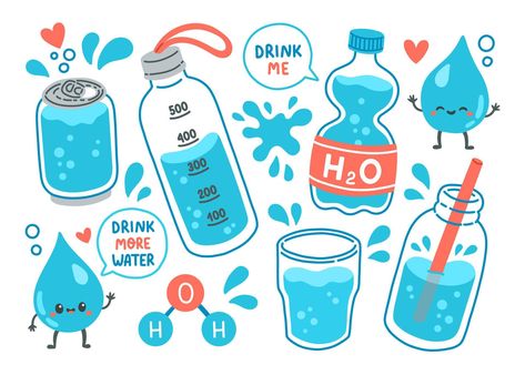 Drink more water set h2o vector illustration. Cartoon water bottles. Sports and glass bottle and glasses with liquids. Stay hydrated. Jar and cup with straw with liquid. Water Jar, Water Doodle Art, Cup Of Water Drawing, H2o Water, Water Bottle Doodle, Water Doodle, Bottled Water, Water Doodles, Water Cartoon Drawing