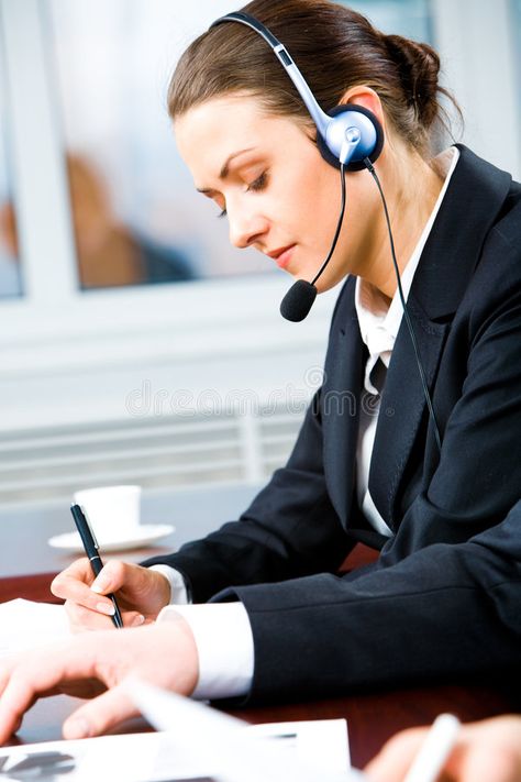 Busy telephone operator. Portrait of telephone operator with headset writing som , #Aff, #operator, #telephone, #Busy, #Portrait, #office #ad Telephone Operator, Diy Room Decor Videos, Design Tutorials, Daniel Wellington, Stock Photos