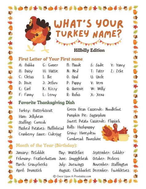 Looking for a fun Thanksgiving activity? Play the “What’s Your Turkey Name?” game! Download the free printable name chart and tags, perfect for family gatherings, classrooms, or Friendsgiving. Sign up to access these printables and more holiday fun for kids and adults alike! Turkey Name Game, Friendsgiving Sign, Thanksgiving Activity, Name Game, Printable Chart, Name Games, Thanksgiving Dishes, Fall Yall, Thanksgiving Fun