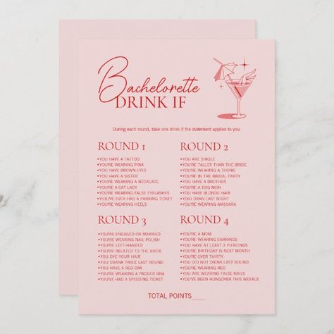 Retro Cocktail Bachelorette Party Game Drink If  Invitation But The Bride A Drink, Cocktails Bachelorette Party, June Bachelorette Party, Drinking Bachelorette Games, Bachelorette Drink If Game, Bridal Shower Drinking Games, Bachelorette Superlatives, Bachelorette Pool Games, Bridal Shower Cocktail Names