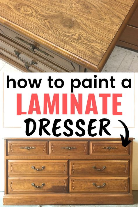 How To Refinish Laminate Furniture, How To Paint Over Laminate Furniture, Refinishing Particle Board Furniture, Refinish Old Dresser, How To Paint A Dresser, How To Paint Laminate Furniture, Laminate Dresser Makeover, Painting Laminate Dresser, Long Dresser Makeover