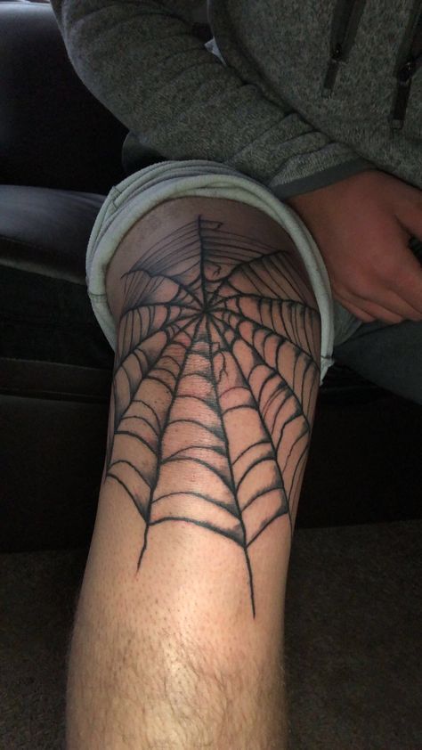 Spider Web Knee Tattoo Men, Kneecap Spiderweb Tattoo, Traditional Spider Web Tattoo Knee, Knee Cobweb Tattoo, Spiderweb Tattoo On Knee, Spider Web Leg Tattoo, Half Knee Tattoo, Cobweb Knee Tattoo, Knee Web Tattoo