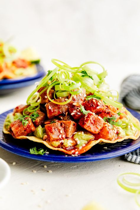 Ahi Tuna Tostada, Raw Tuna Recipe, Spicy Ahi Tuna, Tuna Tostadas, Tostada Shells, Ahi Tuna Recipe, Tuna Dinners, Tuna Tacos, Tuna Ceviche