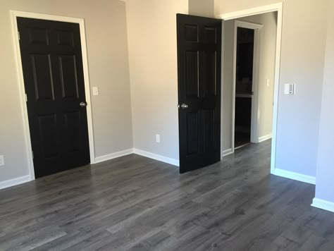 Brooks Oak Lifeproof Flooring, Grey Theme House Interior Design, Grey Floors Wall Color Ideas, Black Laminate Flooring, Grey Laminate Flooring, Black Interior Doors, Grey Wood Floors, Basement Living, Grey Laminate