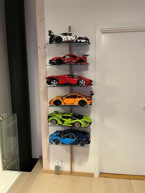 Lego Car Room Decor, Lego Car Display Ideas Wall, Lego Cars On Wall, Car Bedroom Aesthetic, Lego Cars Display, Car Guy Bedroom, Car Guy Room Ideas, Car House Decor, Car Room Ideas