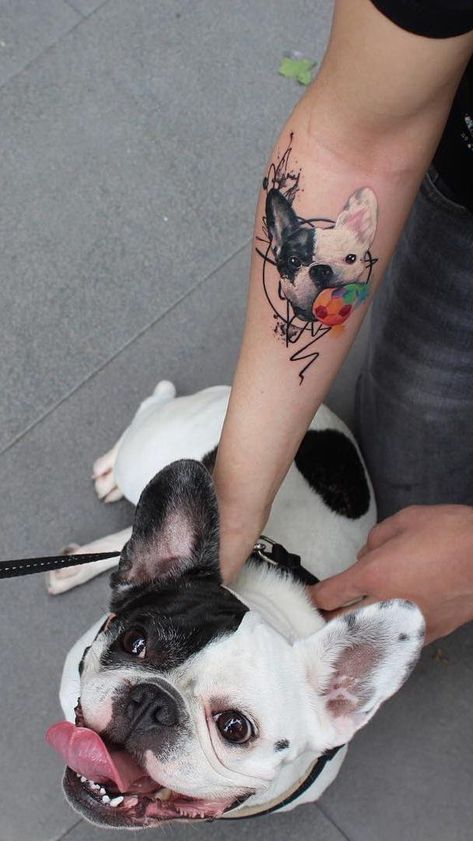 awesome dog tattoo © tattoo artist Tayfun Bezgin 🐶💕🐶💕🐶💕🐶 Tatoo Dog, French Bulldog Tattoo, Origami Tattoo, Bulldog Tattoo, Female Body Art, Tattoo Magazine, Tatuaje A Color, Photo Grid, 1 Tattoo