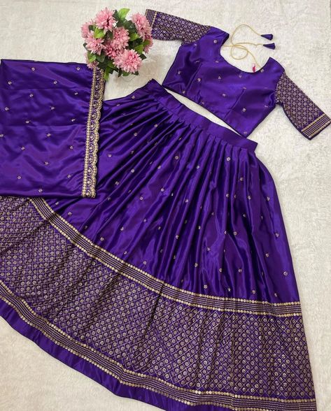 *New Launching Our Designer Soft Devsena Satin Silk with Beautiful Embroidered Work Lehenga Choli & Soft Embroidered Dupatta Set* ◾ Lehenga (Full-Stitched) ▪ Fabric & Work:- Pure Devsena Silk With Embroidered Thread with Sequins work ▪ Length : 42'' ▪ Waist : Free Size ▪ Inner : Cotton ▪ Flair : 3.20Mtr ◾ Blouse:- (Unstitched) ▪ Fabric & Work:- Pure Devsena Satin SIlk With Embroidered Thread with Sequins work ▪ Length:-0.80MTR ◾ Dupatta : ▪ Fabric & Work :- Pure Devsena Satin SIlk With... Purple Half Saree, Glam Wardrobe, Fabric Work, Work Lehenga, Pink Lehenga, Embroidered Dupatta, Dupatta Set, New Launch, Satin Silk