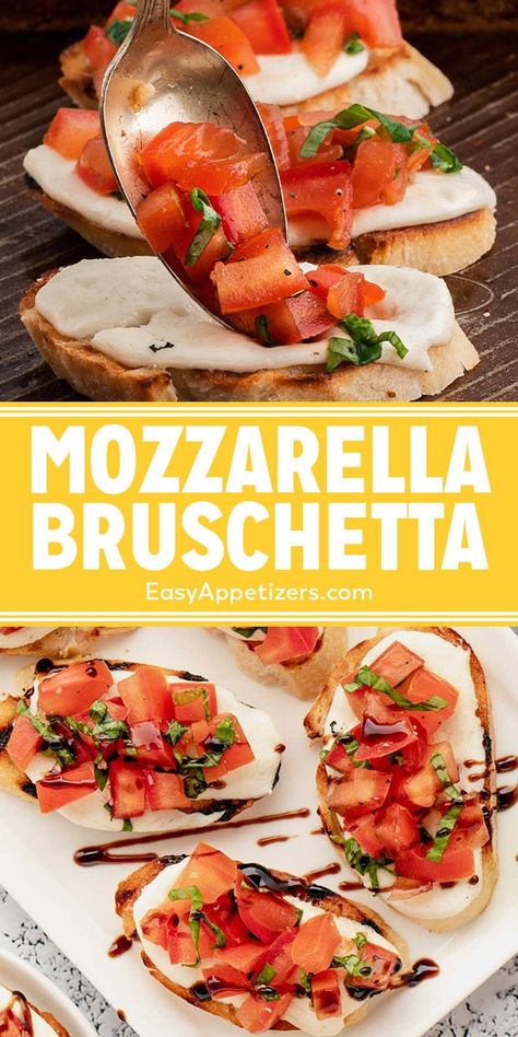 Mozzarella Bruschetta is a delicious, easy appetizer made with grilled slices of baguette with mozzarella, and a fresh, savory tomato salad. Fresh Mozzarella Appetizers, Bruschetta With Mozzarella, Pesto Flatbread Pizza, Mozzarella Bruschetta, Bruschetta Recipes, Lunch Toast, Mozzarella Appetizers, Caprese Bruschetta, Italian Appetizer