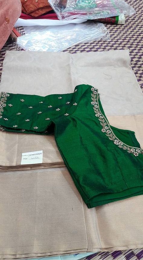 kora silk cotton with dupion designer blouse - Tanvika Saree - 9047090885 | Unique blouse designs, Green blouse designs, Blouse designs Simple Blouse Work Designs For Silk Sarees, Silk Saree Blouse Embroidery Designs Simple, Green Blouse Simple Work Designs, Silk Cotton Sarees Blouse Designs, Cotton Blouse Embroidery Designs, Work On Silk Blouses, Embroidery Blouse Designs For Silk Saree, Silk Saree Blouse Designs With Work, Designer Blouse Work Designs