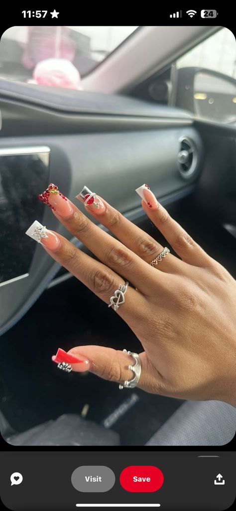 Short Square Acrylic Nails Red French Tip, Red French Tip Nails Square Long, Long Square Red French Tip Acrylic Nails, Red Baddie Nails Acrylic, Res French Tip Nails Square, Xl Long Acrylic Nails Square Red, Medium Nails Acrylic, Medium Square Acrylic Nails, Medium Nails