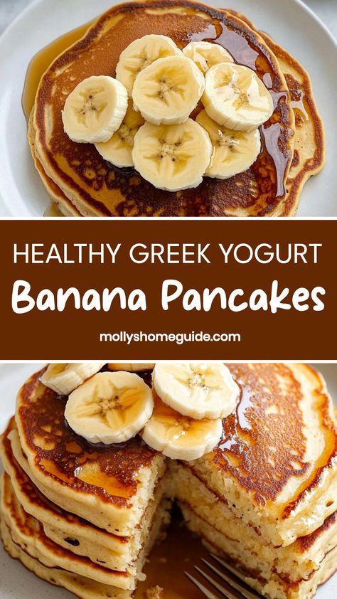 Looking for a delicious and healthy breakfast option? Try these easy-to-make Greek yogurt banana pancakes! These fluffy pancakes are made with simple ingredients like ripe bananas, Greek yogurt, and whole wheat flour. They are not only nutritious but also incredibly tasty! Perfect for a weekend brunch or weekday morning treat. Give this recipe a try and enjoy a guilt-free indulgence that your whole family will love. Easy But Healthy Breakfast, Banana Greek Yogurt Pancakes, Yogurt Banana Pancakes, Recipes With Vanilla Greek Yogurt, Greek Yogurt Pancakes Healthy, Breakfast Yogurt Ideas, Yogurt Pancakes Healthy, Yoghurt Pancakes, Healthy Banana Pancakes