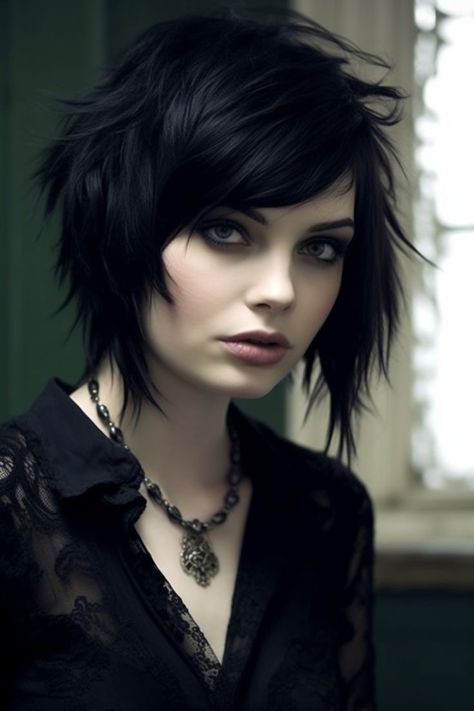 Short Hairstyle Women Alternative, Gothic Haircut Short, Short Emo Haircuts For Women, Edgy Asymmetrical Haircut, Gothic Short Hair, Goth Pixie Cut, Short Alternative Hair, Funky Hair Styles, Emo Hair Ideas