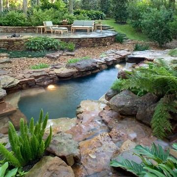 Landscape Wading Pool - Photos & Ideas | Houzz Wading Pool Backyard, Palm Tree Landscaping, Landscaping Water Feature, Tree Landscaping, Backyard Pool Design, Wading Pool, Palm Trees Landscaping, Natural Waterfalls, Pool Backyard