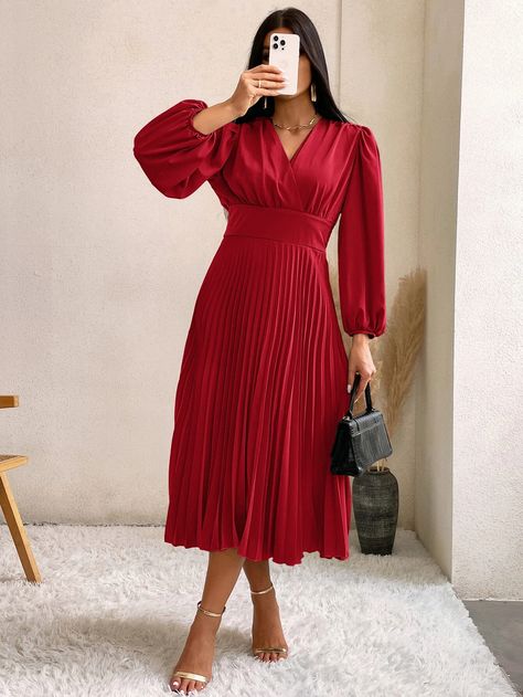 Christmas Red Dress Women, Christmas Dress Women Classy, Red Classy Dress, Dress Natal, Red Pleated Dress, Red Flare Dress, Preppy Prom, Bodycon Evening Dress, Business Formal Dress