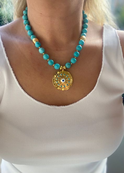 Turquoise Beaded Necklace, Big Pendant, Necklace Evil Eye, Unique Birthday Gift, Gold Medallion, Turquoise Bead Necklaces, Summer Necklace, Unique Birthday Gifts, Genuine Turquoise